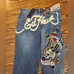 Ed Hardy Denim Slim Flare Jeans Womens 28 Skull New York City Streetwear Y2K